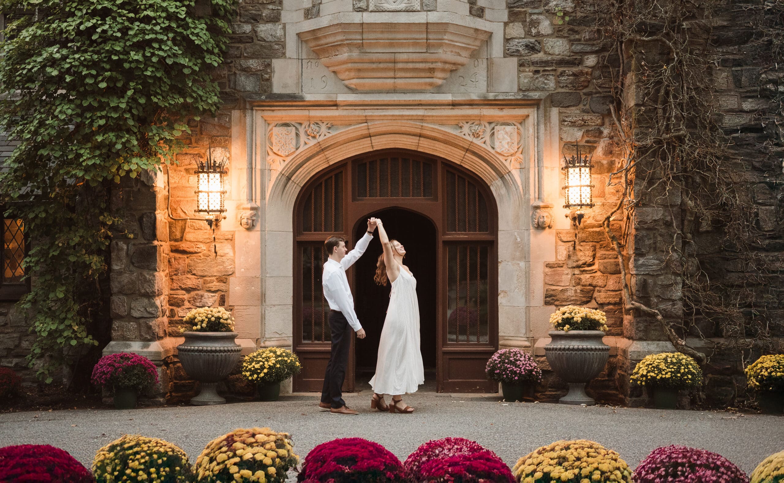 magical fall engagement photos at skyland manor castle in New Jersey