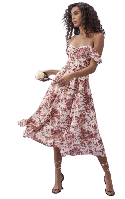 reformation-red-violet-dress-floral-print-engagement-photos-romantic-midi