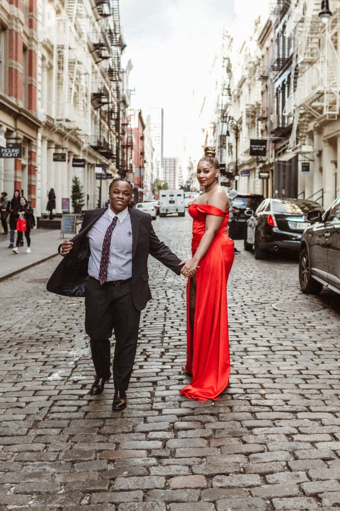soho-nyc-engagement-photos-iconic-red-dress-couple-lesbian-lgbqt-photography-nyc-suess-moments