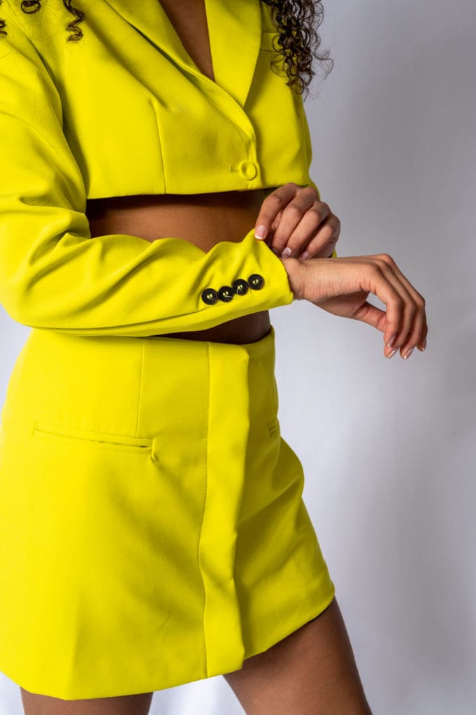 bright-neon-lime-green-yellow-skirt-cropped-blazer-dress-the-shameless-collection