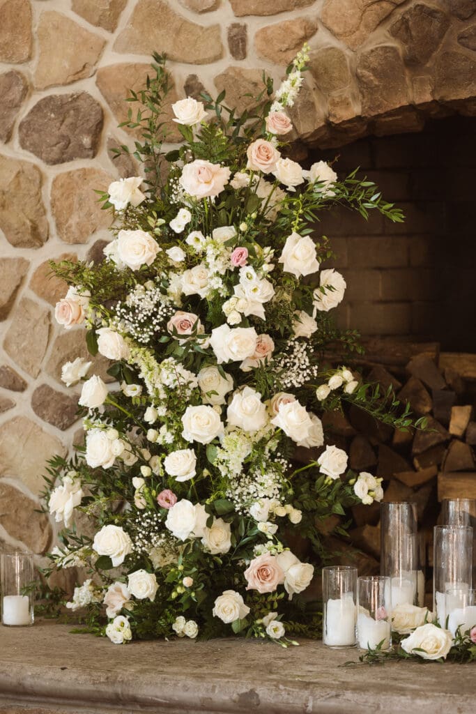 floral installation on the fireplace
