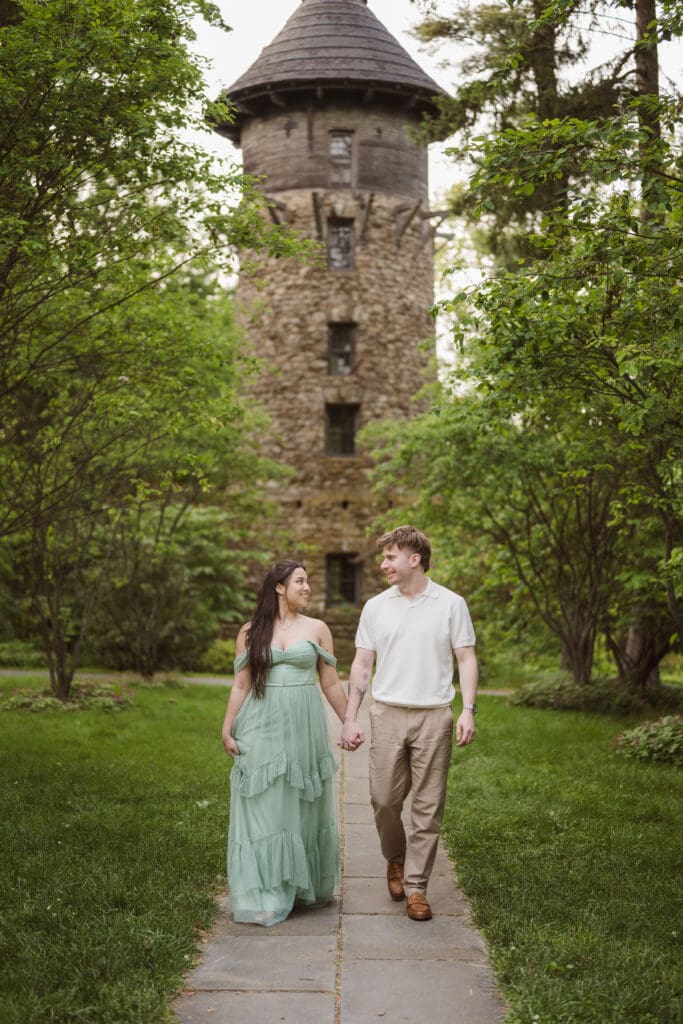 engagement photos with repunzel tower at the cross estate gardens nj