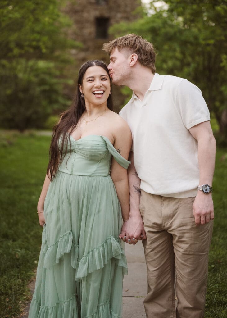 engagement photos wearing sage green lulus dress