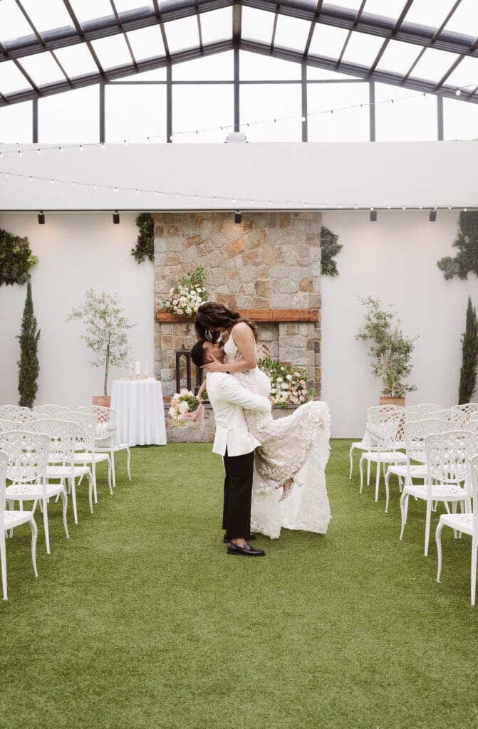ceremony space for indoor portraits on wedding day at perona farms the reserve