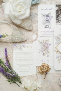 purple and blue gold wedding details