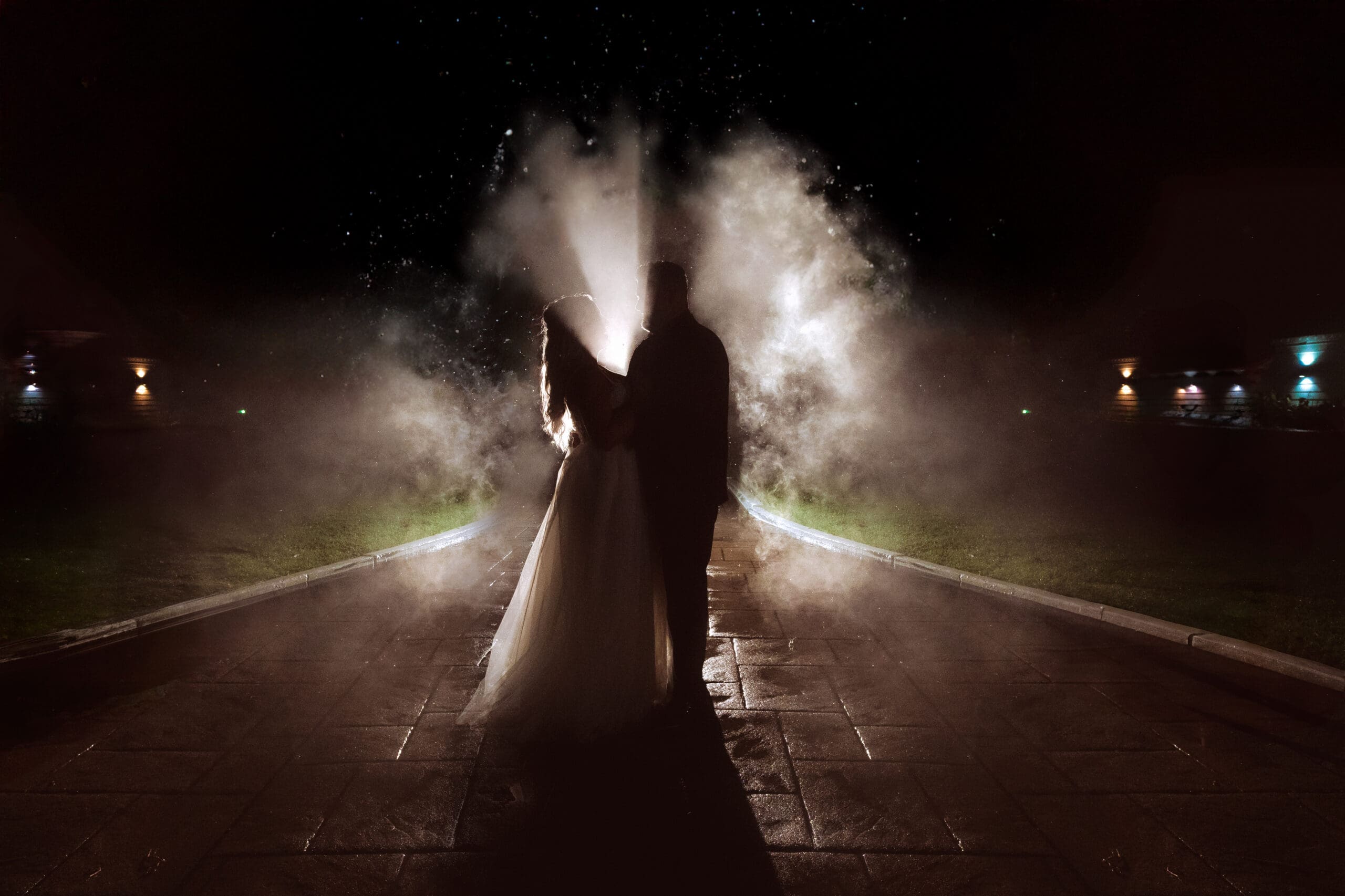 creative magical night shot backlit in the rain