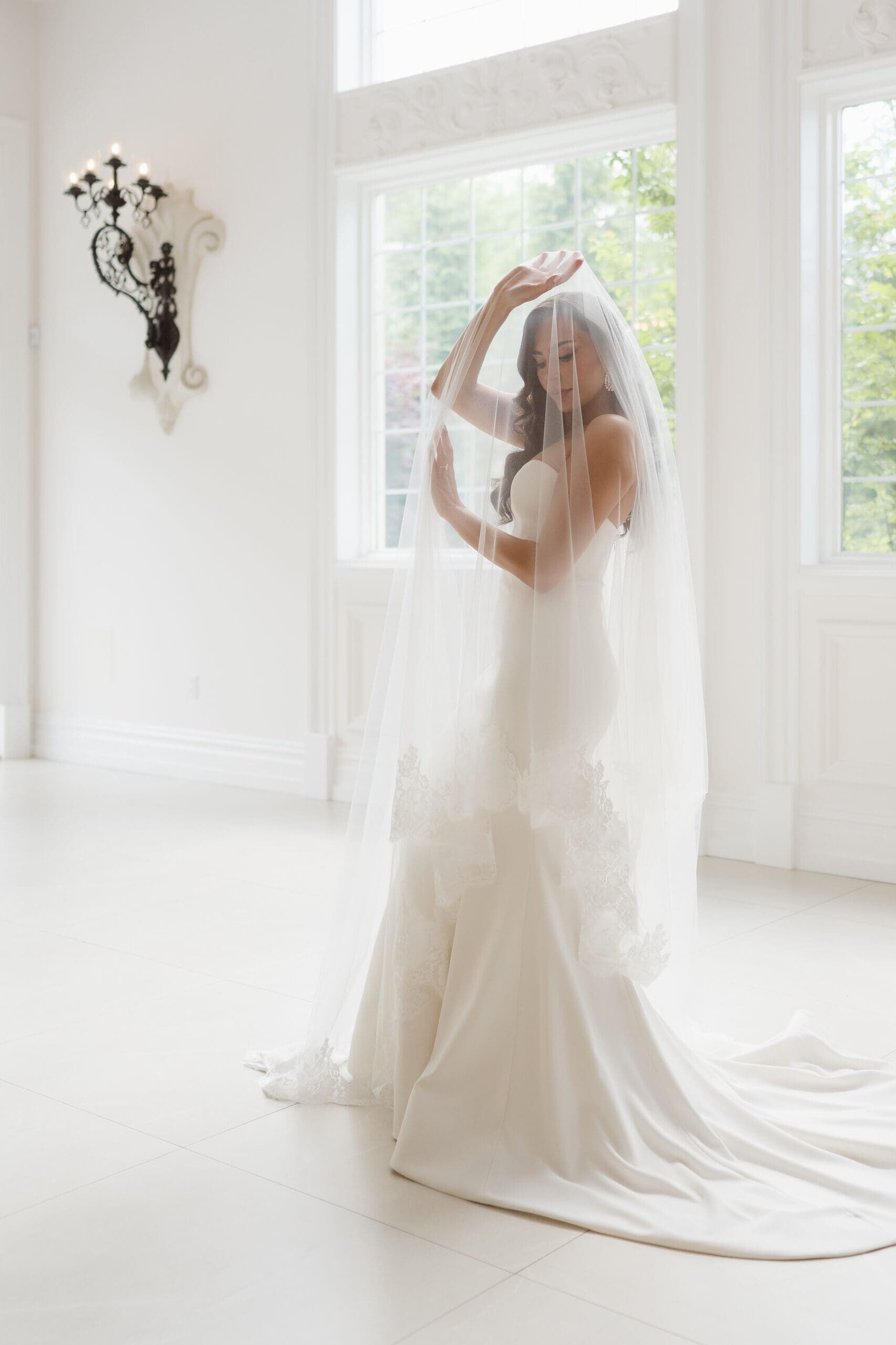 under the veil wedding bridal portrait indoors with sunlight coming through windows